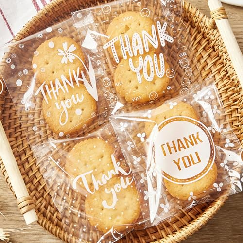 Jutieuo 100pcs Self-Adhesive Thank You Cookie Bags, 4x4 Inch White Polka Dot Clear Cellophane Treat Bags for Individual Dessert Pastry Goodie Candy Cookie Packaging, Party Favors, Bake Sale
