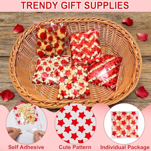 ZYLOP Self Sealing Red Cookie Bags - 200Pcs 4x4 Inch Red Striped Cellophane Treat Bags, Small Clear Plastic Candy Bag for Bakery, Carnival Party Favors, Wedding Sweets & Small Business Packaging - color: Red 200pcs