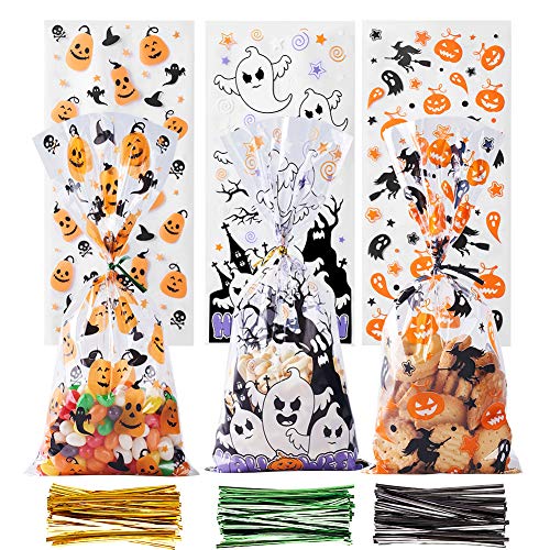 CCINEE Halloween Cellophane Treat Bags, 150pcs Halloween Plastic Clear Candy Bags with 300pcs Twists for Snacks Cookies Packing - color: Halloween-150pcs