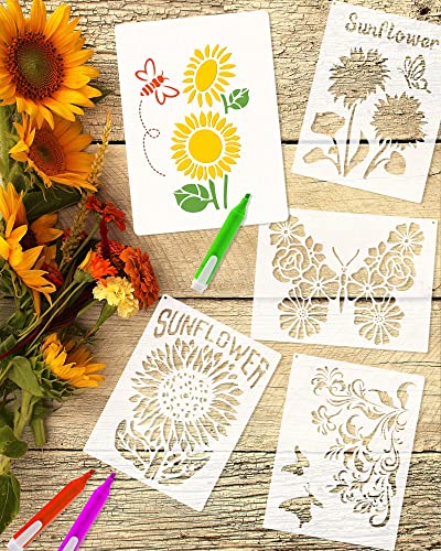 9PCS Sunflower Butterflies Stencils, Reusable PET Sun Flower Template - color: Sunflower