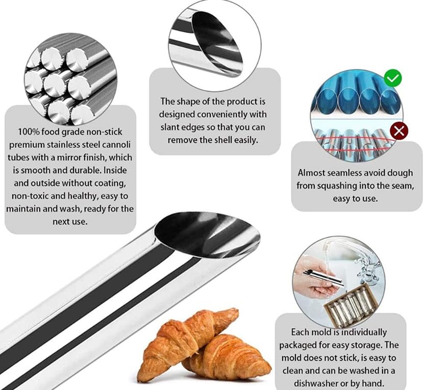 12pcs Cannoli Tubes, Stainless Steel Cannoli Forms Tubes Kits, Roll Horn Forms, Non-stick Baking Molds for Cannoli Shell, Brioche Rolls, Croissant Toas, Cream Roll, Croissant(Round) - size: 12pcs Round