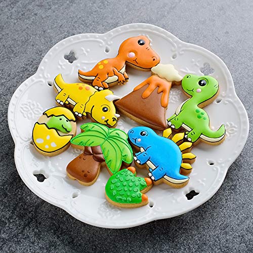 Dinosaur Cookie Cutters with Matching Cookie Stencils -Set of 16-8Pcs Cookie Cutter and 8Pcs Stencils, Include Stegosaurus, T-Rex, Brontosaurus, Triceratops, Dinosaur Egg, Footprint, Volcano and Tree