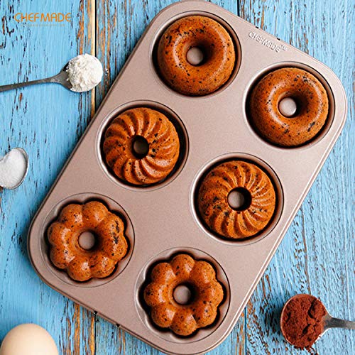 CHEFMADE Donut Mold Cake Pan, 6-Cavity Non-Stick Pattern Doughnut Bakeware for Oven Baking (Champagne Gold) - size: 04 - Fancy 6 Cups