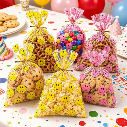 Happy Face Cellophane Bags 100 Pack, Goody Bags with Ties, Treat Gift Bags - color: 100pcs yellow red bags