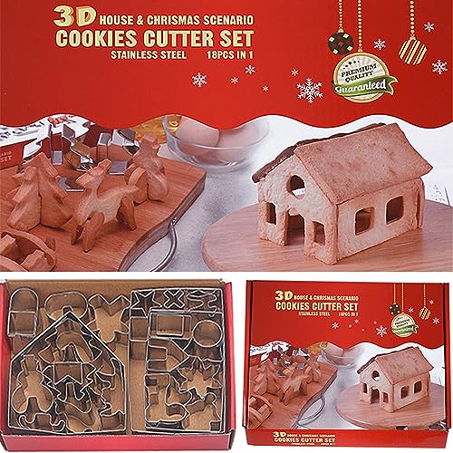 3D Christmas Gingerbread House Cookie Cutters Set, FantasyDay 28 Pcs 430 Stainless Steel Cartoon Snowflake Biscuit Cutter Pastry Mold for Holiday Birthday Cake Dough Donut Fondant - Baking Dough Tool - color: #4