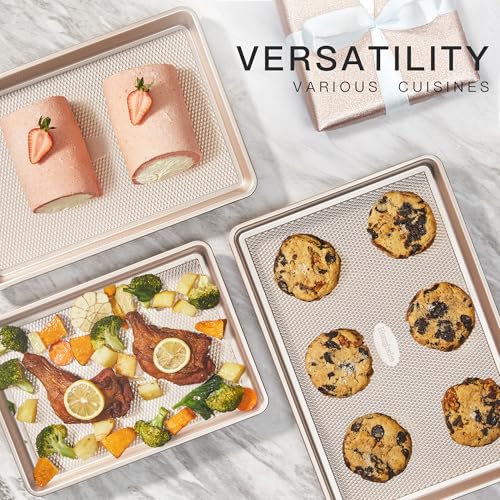 HONGBAKE Baking Sheet Pan Set of 3, Cookie Sheets for Oven, Nonstick Half/Quarter/Jelly Roll Pans with Diamond Texture Pattern, 0.8mm Thick Heavy Duty Cookie Tray, Champagne Gold - color: Champagne Gold (Carbon Steel)