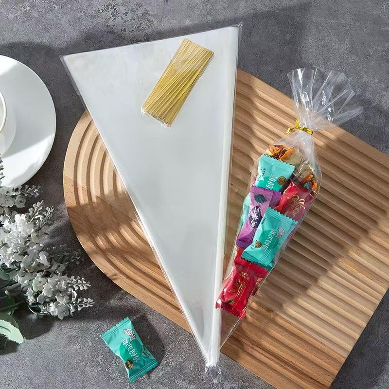 FXJZYFA 200PCS 5x10 Inches Cone Shaped Bags with Twist Ties, Clear Cone Shaped Cellophane Treat, Cone Triangle Plastic Bags for Treats, Popcorn Favor, Candy