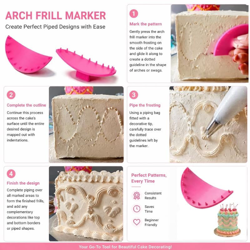 4 PCS Cake Arch Guide Tool Set, Cake Decorating Tools for Beginners and Bakers, Cake Swag Marker Tool, Cake Piping Guide Stencil for 6"-10" Cakes, Cake Ruffle Marker, Cake Leveler Tools
