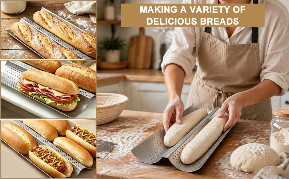 Baguette Bread Pan, Perforated French Bread Baking Pan for 2 Loaves
