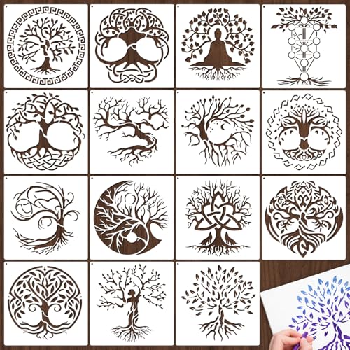 Yazhiji 15Pcs 6 x 6 Inch Tree of Life Stencil, Reusable Stencils for Painting on Wood Decoration Painting Templates for Wall Floor DIY Decorations Holiday Gifts for Kids