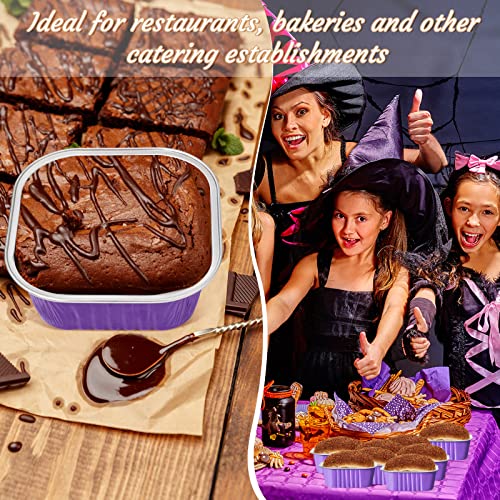 50 Pcs Aluminum Foil Baking Cups with Lids 10 oz Square Baking Cups Disposable Ramekins with Lids for Flans Snacks Pudding Pan Tin Wedding Catering Party Favor (Purple) - color: Purple