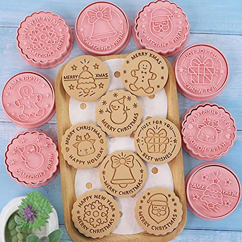 8 Pieces Round Christmas Cookie Cutter Cookie Moulds For Baking Cookie Mould Press Christmas Cookie Mould Set Kitchen Tools Plastic Cookie Stamps (Christmas B)