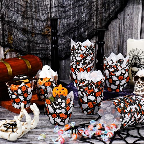 Whaline 200Pcs Halloween Tulip Cupcake Liners Cute Ghost Pumpkin Dots Muffin Baking Cups Black Cupcake Wrappers for Party Supplies Table Decor