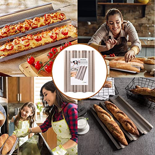 Baguette Pans for Baking 15" x 11", Carbon Steel 3 Loaf Nonstick Baguette Baking Tray for French & Italian Perforated French Bread Pan - color: Gold