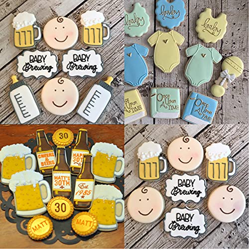 Beer Themed Cookie Cutters Stainless Steel, Baby Brewing Beer Set Mug Bottle Onesie Rattle Baby Bottle Photo Plaques Dough Fondant Biscuit Molds for Baby Shower - color: Beer