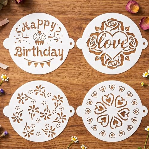 4Pcs Happy Birthday Cake Stencil, Patterns Hearts Floral for Baking