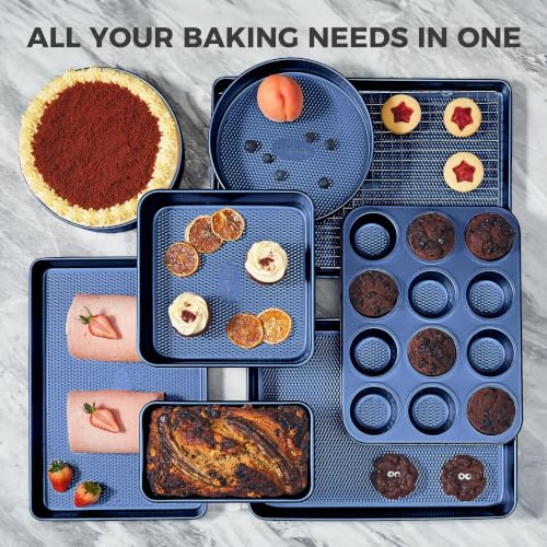 HONGBAKE 22-Piece Baking Pans Set Nonstick, Stackable Non Toxic Bakeware Sets with Diamond Texture, Oven Pan Set for Cooking, Includes Cookie Sheet with Rack, Cake Pan, Roasting Pan, Muffin Tin, Blue - color: Sapphire Blue
