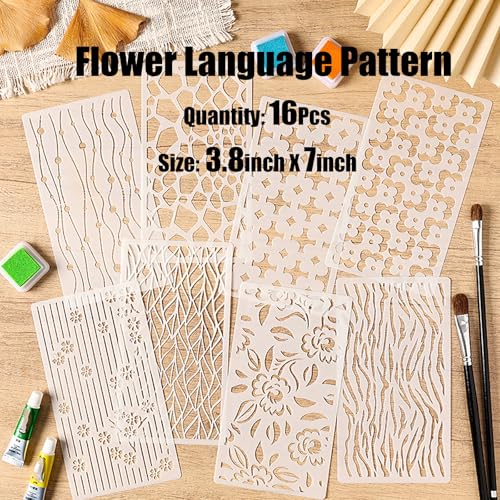 16Pcs Nature Floral Stencils Set (7x3.8Inch) – Reusable Flower Pattern Templates for DIY Baking (Cookies/Cakes), Crafts, Cards, Canvas & Fabric Decorating