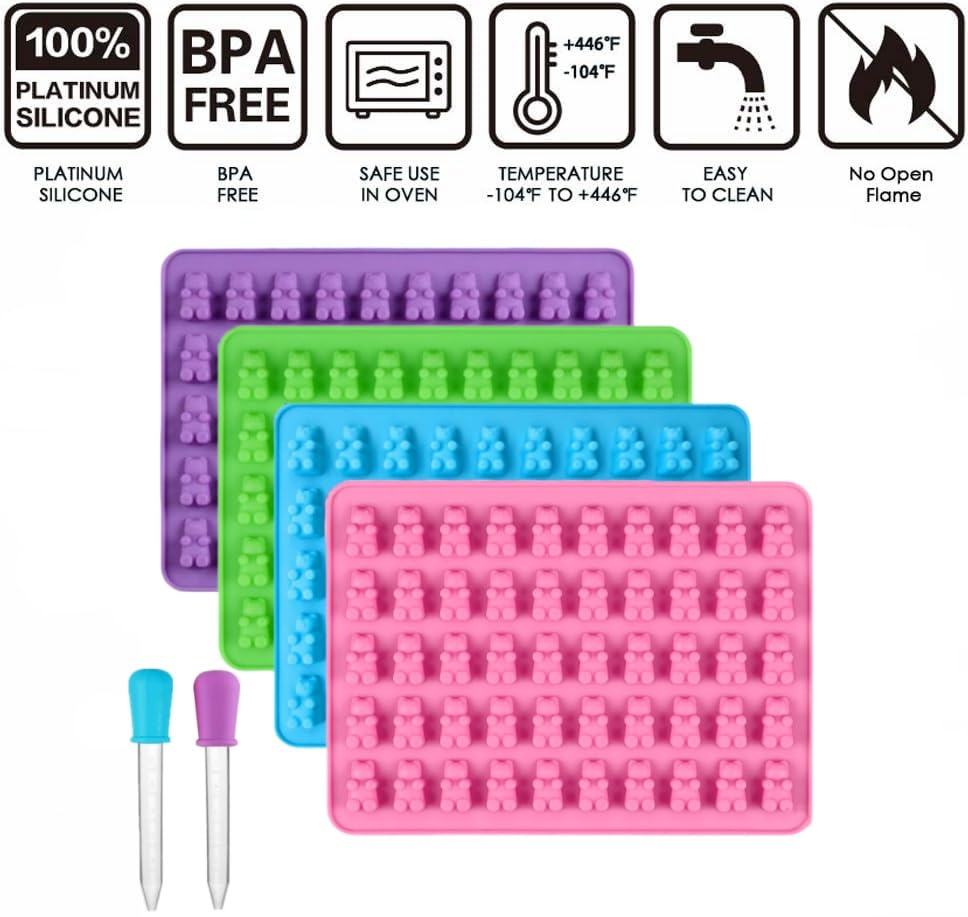 2 Piece Gummy Bear Silicone Molds, Non-Stick Chocolate Candy Mold with 2 Droppers Food Grade (Purple+Blue+Pink+Green) - color: Purple+Blue+Pink+Green