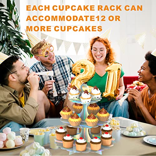 3-Tier Laser Silver Cupcake Stand, 2-Pack Heart Handle Dessert Display Tower, Quick Easy Assembly, Easy Clean for Wedding Birthday Graduation Baby Shower Party Supplies - color: Rainbow Silver 2 Pack