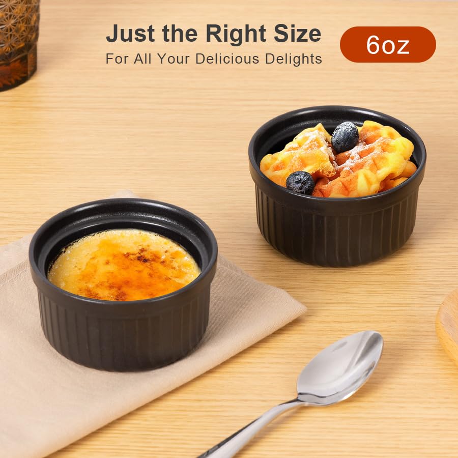 Yachi Ramekins Black, 6 oz Ceramic Set of 6 Stoneware Bakeware for Souffle Sauces Dipping Onion Soup Lava Cake Flan Creme Brulee Kit Pudding Mini Custard Oven Safe - color: Black, size: 6 OZ