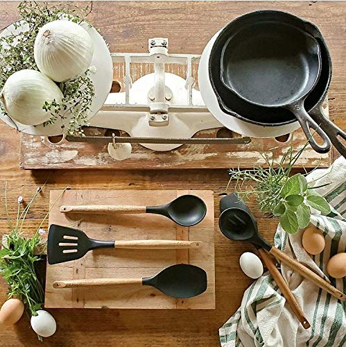Kitchen Utensils Set, Silicone Cooking Utensils Set,Non-Stick Silicone Spatula Set with Natural Acacia Hard Wood Handle, 5 Piece, Upgraded Thickened Cookware - color: Black