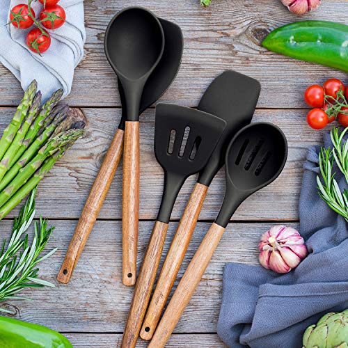 Kitchen Utensils Set, Silicone Cooking Utensils Set,Non-Stick Silicone Spatula Set with Natural Acacia Hard Wood Handle, 5 Piece, Upgraded Thickened Cookware - color: Black