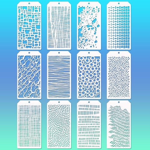 Mixed Media Art Stencils, 12 Pcs Abstract Stencils Crackle Marble Splatter Grain Bubble Background Texture Templates for Airbrush Painting Card Making Supplies, Layering Templates for DIY Crafts Paper