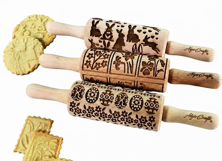 EASTER 3 Mini Embossed Rolling Pin Set. Wooden Laser Cut Embossing Rolling Pins for Embossed Cookies. Easter, Rabbit, Egg, Chicken, Spring, Flowers from Algis Crafts
