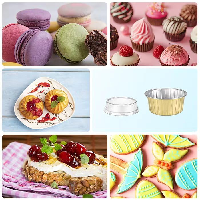 50pcs Aluminum Foil Baking Cups with Lids, 5oz Disposable Ramekins Cupcake Liners, Tart Pie Tin Pan Holder, Mini Cake Containers for Pudding, Souffle, Party, Wedding (Gold)