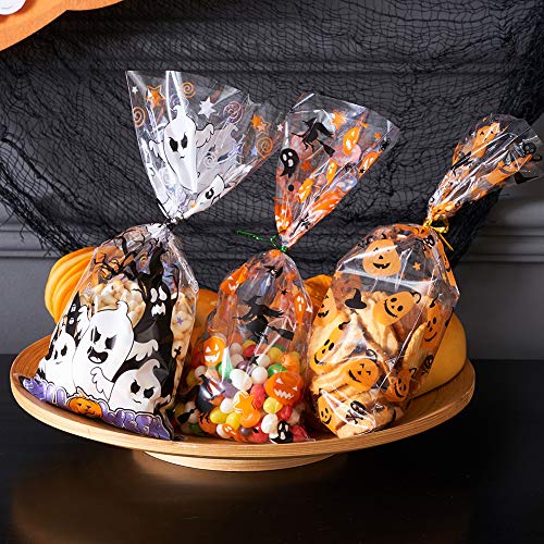 CCINEE Halloween Cellophane Treat Bags, 150pcs Halloween Plastic Clear Candy Bags with 300pcs Twists for Snacks Cookies Packing - color: Halloween-150pcs