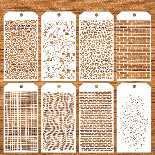 8 Pieces Stencils for Crafts, Leopard Brick Dot Layering Stencils with Keyring Mixed Media Plaid Texture Crackle Marble for Painting on Card Making Canvas DIY Crafts Furniture Paper Airbrush
