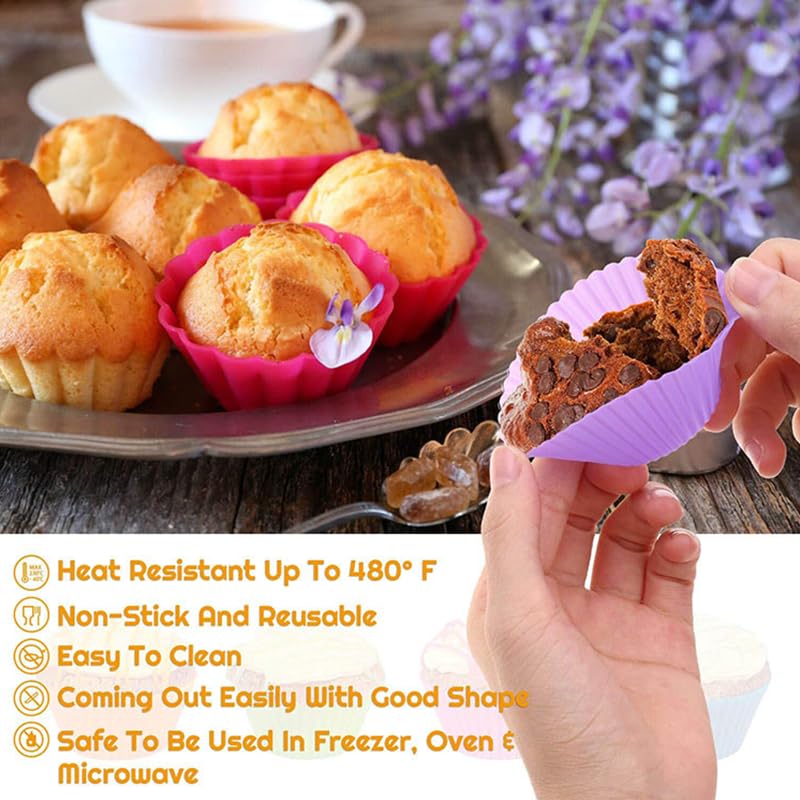 12 Pack Reusable Silicone Baking Cups Set(2.8" Lx1.4" H), Non-stick Muffin Liners, Easy To Clean & Heat-resistant Muffin Molds for Party Birthday Halloween Christmas(Multicolor)