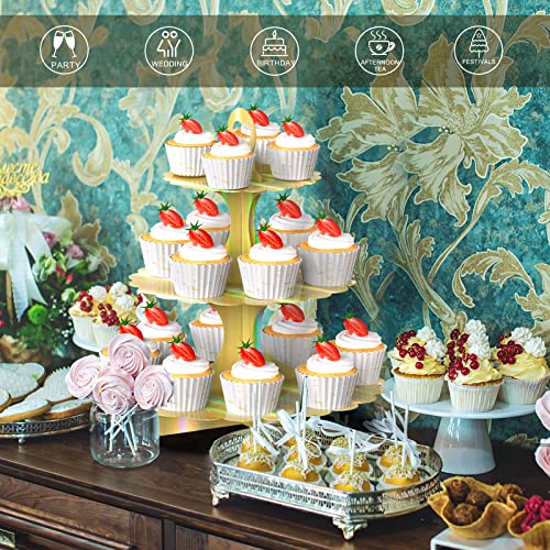 3-Tier Laser Gold Cupcake Stand, 2-Pack Heart Handle Dessert Display Tower, Quick Easy Assembly, Easy Clean for Wedding Birthday Graduation Baby Shower Party Supplies - color: Rainbow Gold 2 Pack