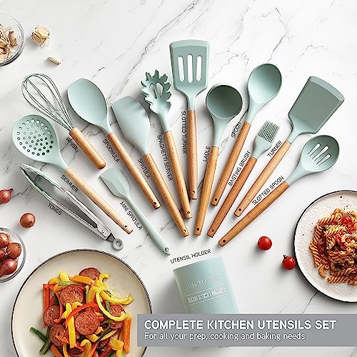 Country Kitchen Non Stick Silicone Utensil Set with Rounded Wood Handles for Cooking and Baking, 14 Piece Set, Mint - color: Mint, size: 14 Piece Set
