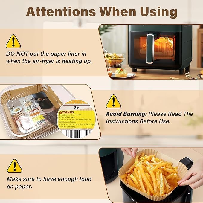 Square Liners 100 Count Food-Grade BPA Free Air Fryer Paper for 5 to 8 inch Oil-Free Fryers - Healthy Cooking I Heat Resistance Air Fryer, Baking, Roasting Microwave (Style B) - size: Style B