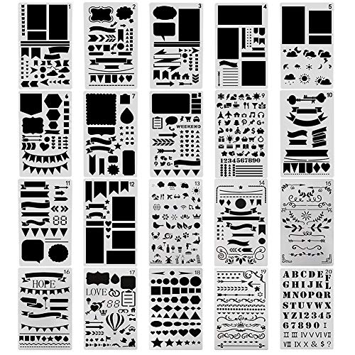 Journal Stencil 20 PCS Plastic Planner Stencils Set for Journal Notebook Diary Scrapbook DIY Drawing Card Template Journal Stencils, 4x7 Inch1