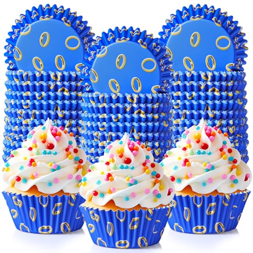 Vesici 300 Counts Video Game Cupcake Liners Blue and Gold Rings Paper Cupcake Wrappers Holders Cartoon Disposable Baking Cup Bulk for Birthday Baby Shower Baking Party Supplies - style: Blue with Gold Ring Print