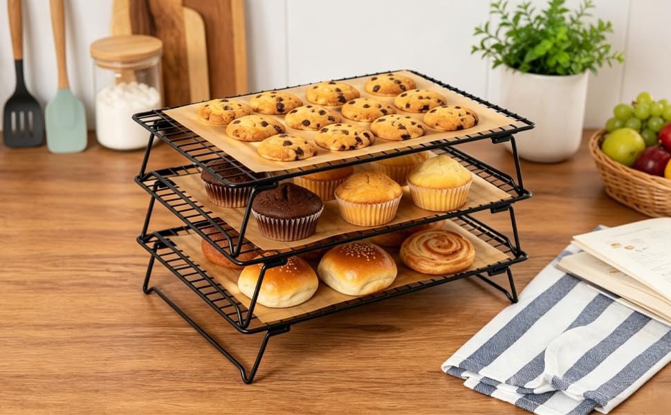 3 Pack Stackable Cooling Racks for Baking, 13.5 x 10 Inch Stainless Steel Wire Racks with Folding Legs, Oven Safe Baking Racks for Cookies, Cakes and Meat, Includes 50 Parchment Paper Sheets