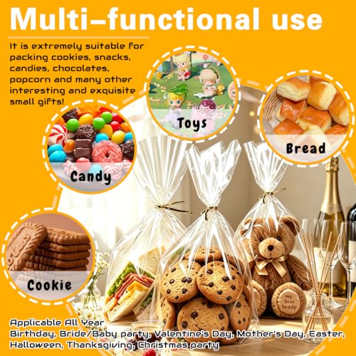 Nobranded 100 pcs Clear 5X11in Cello Cellophane Bags Poly Treat Bags 1.4 Mil for Gift Wrapping, Bakery, Cookie, Candies, Toast, Dessert, Party Favors Packaging with Color Twist Ties - size: 5x11 Inch (Pack of 100)