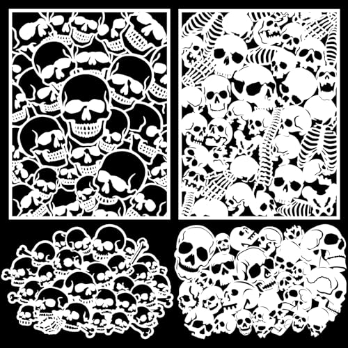 Yinder 4 Pcs Skull Stencils Skull Background Airbrush Stencil Art Template Design DIY Craft Paint Stencils for Airbrush Painting on Wall, Wood, Canvas