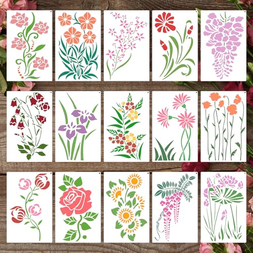Dayker 15PCS Flower Stencils, Wildflower Leaf Painting Stencils - color: Flower