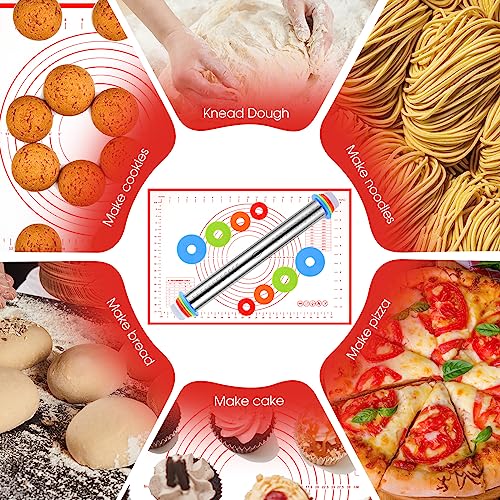 Dandat Rolling Pin Set with Adjustable Rings Baking Mat Cutters, Red - color: Red