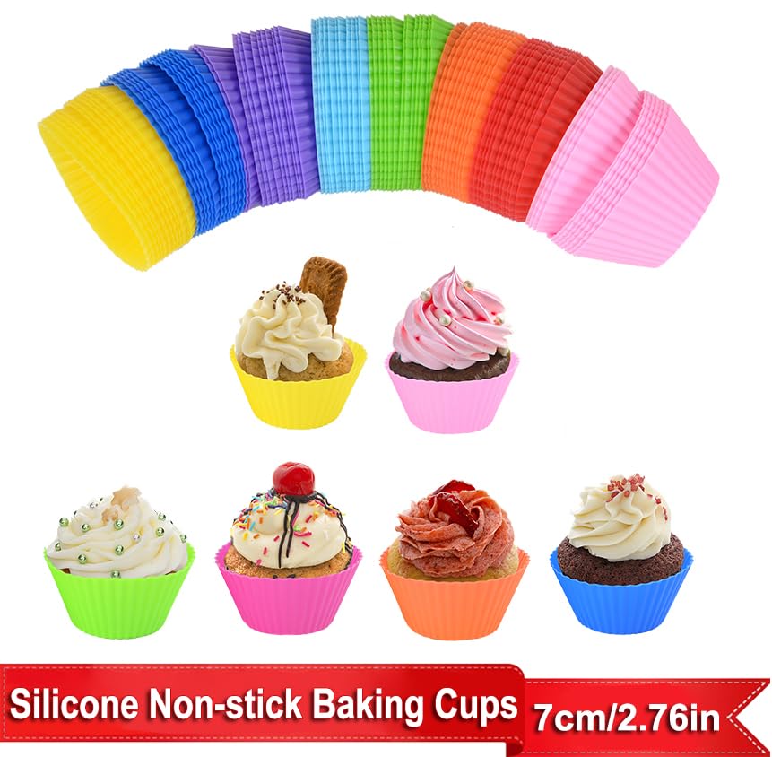 AKOAK Reusable Silicone Non-stick Baking Cups, Cake Molds, Kitchen Baking Cooking Accessories, DIY Cake Making Tools - Pack of 10 (Green) - color: Green
