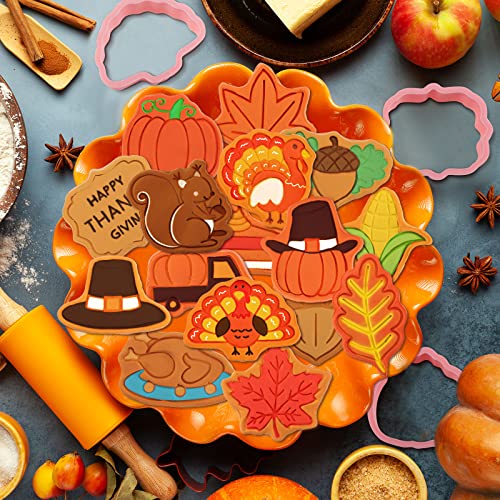 Hoolerry 16 Pcs Thanksgiving Cookie Cutter with Plunger Stamp Set Fall 3D Biscuit Cutter Pastry Fondant Embossing Maple Leaf Turkey Pumpkin Mold for Baking Supplies