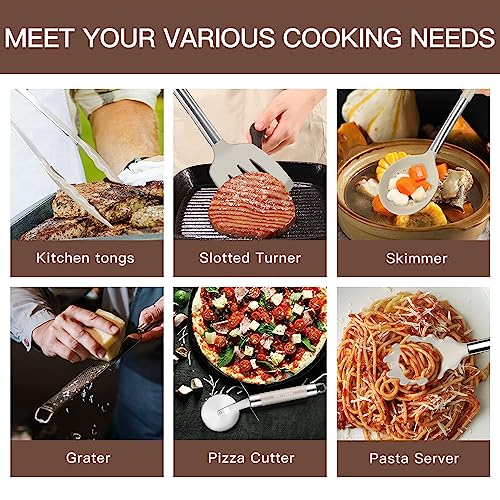Kitchen Utensils Set-Silicone Cooking Utensils-33pcs Non-Stick Silicone Cooking Kitchen Utensils Spatula Set with Holder-Best Kitchen Cookware with Stainless Steel Handle (Khaki) - color: Khaki