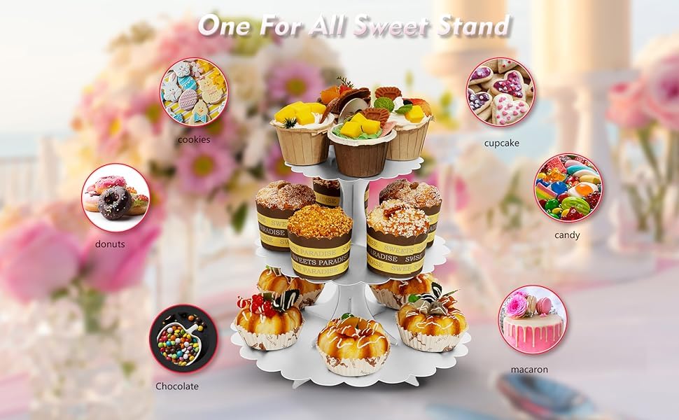 3-Tier Cupcake Stand White 2-Pack, Cardboard Dessert Display Tower - color: White 2 Pack