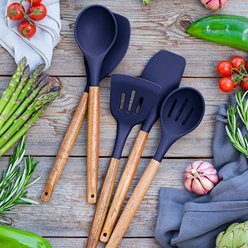 Non-Stick Silicone Kitchen Utensils Set with Natural Acacia Hard Wood Handle, 5 Piece, Midnight Blue, BPA Free, Baking & Serving Silicone Cooking Utensils - color: Midnight Blue