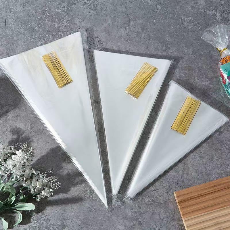 FXJZYFA 200PCS 5x10 Inches Cone Shaped Bags with Twist Ties, Clear Cone Shaped Cellophane Treat, Cone Triangle Plastic Bags for Treats, Popcorn Favor, Candy