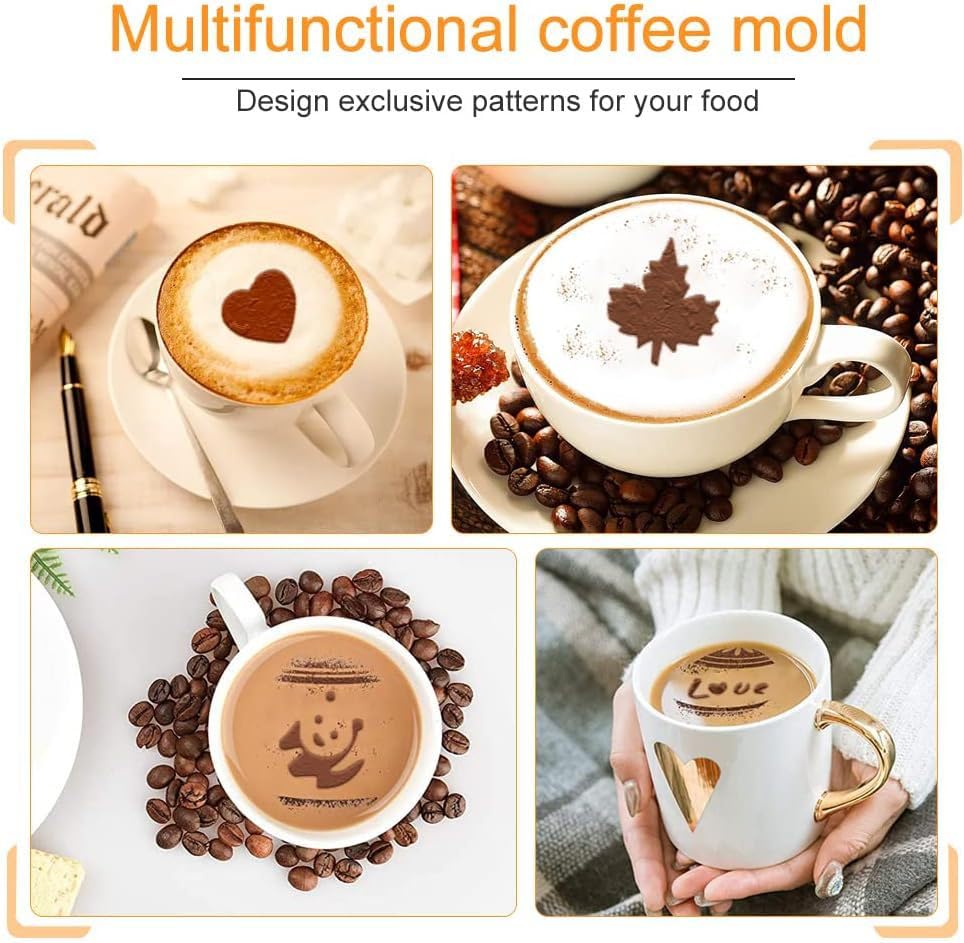 46 Coffee Stencils+2 Mesh Powder Shakers, Cake Baking Templates Coffee Decoration Stencils Coffee Art Template Coffee Mold Tool for Christmas Thanksgiving Cake Coffee Cappuccino - size: 46 Coffee Stencils + 2 Powder Shakers